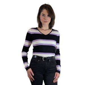 Boutique Purple & Black Striped Ribbed Sweater Top Multiple Sizes